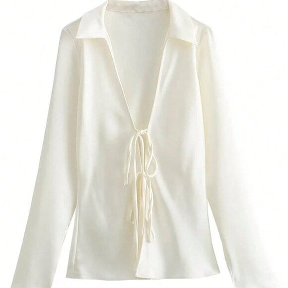 White Casual Women's Solid Color Style Silk-Like Satin Shirt With Rope Detailing - Picture 7 of 7